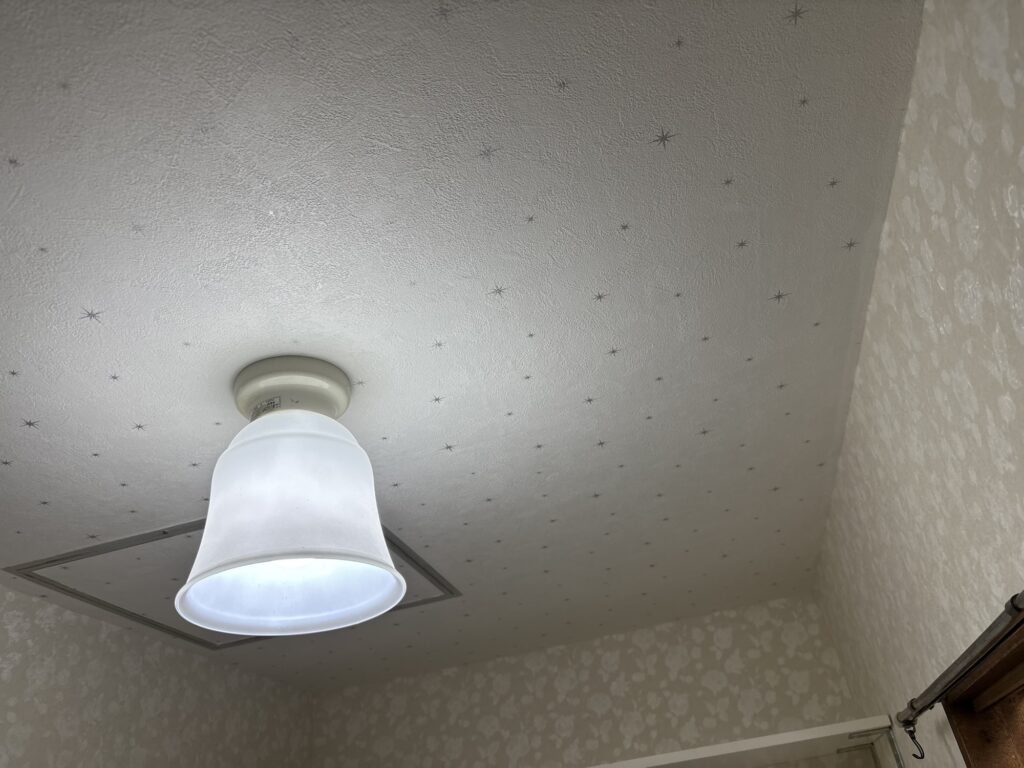 Completed wallpaper installation in a residential laundry room after renovation.