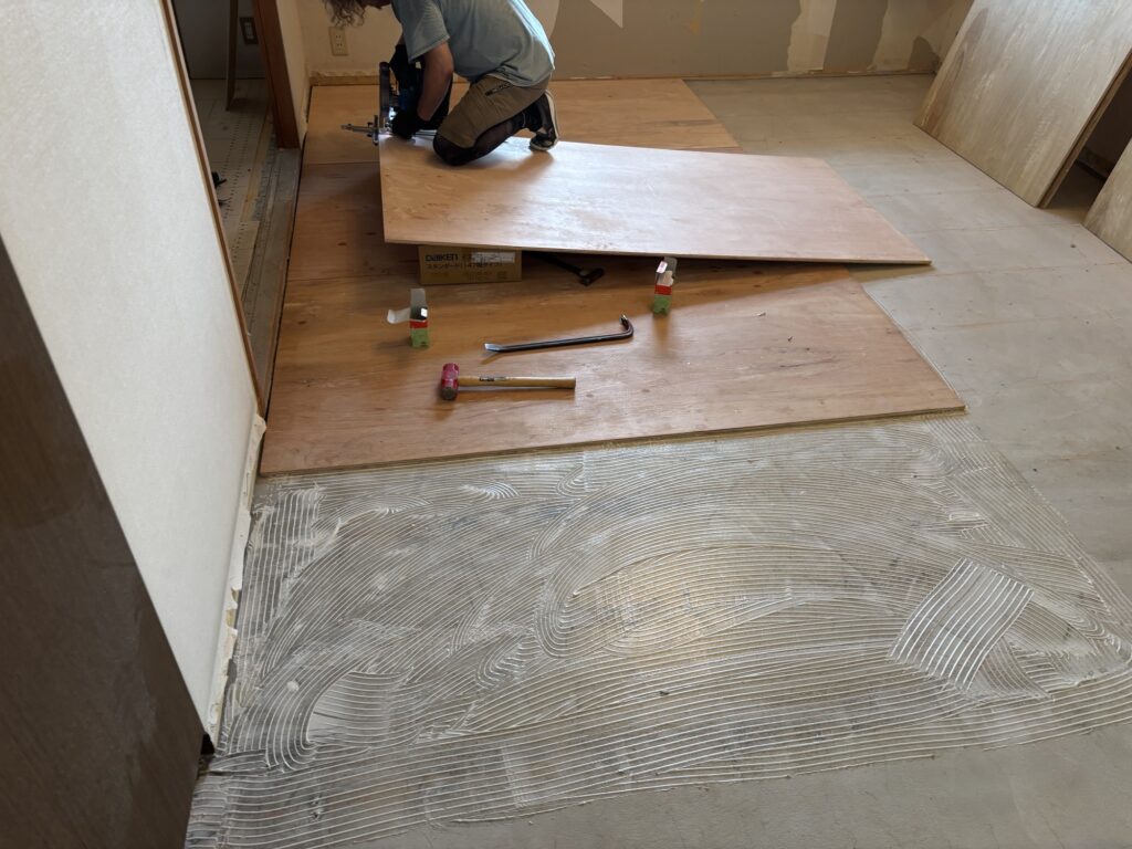 Experienced carpenter cutting plywood with a circular saw during apartment renovation