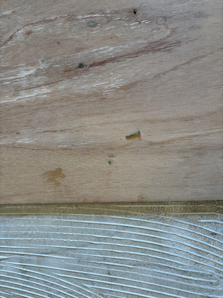 25 mm concrete nails securing plywood subfloor during apartment renovation