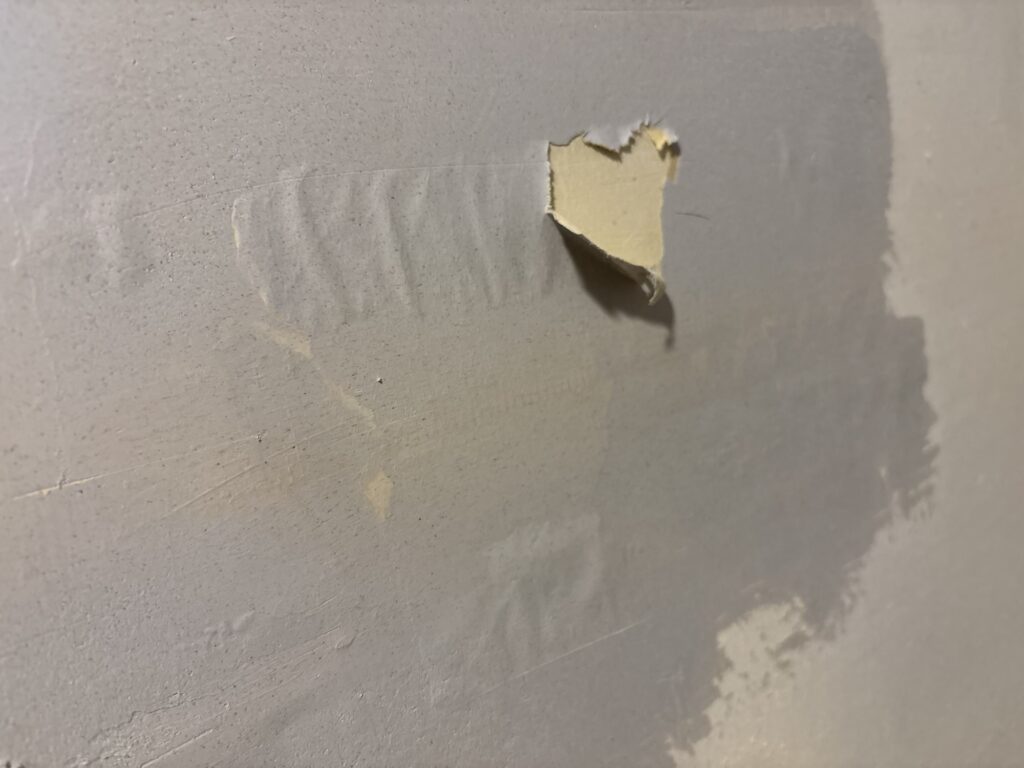 Wallpaper backing paper bubbling after absorbing moisture from wall filler.