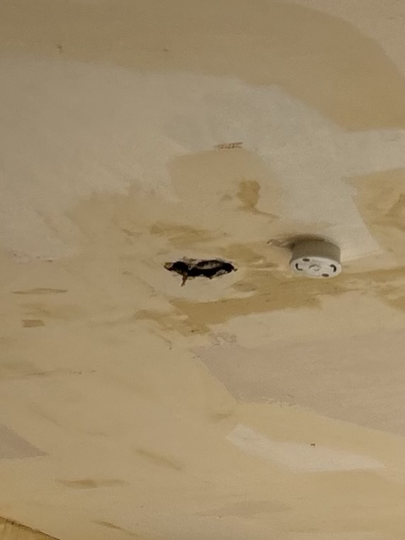 Close-up of a hole in the condominium ceiling before wallpaper installation.