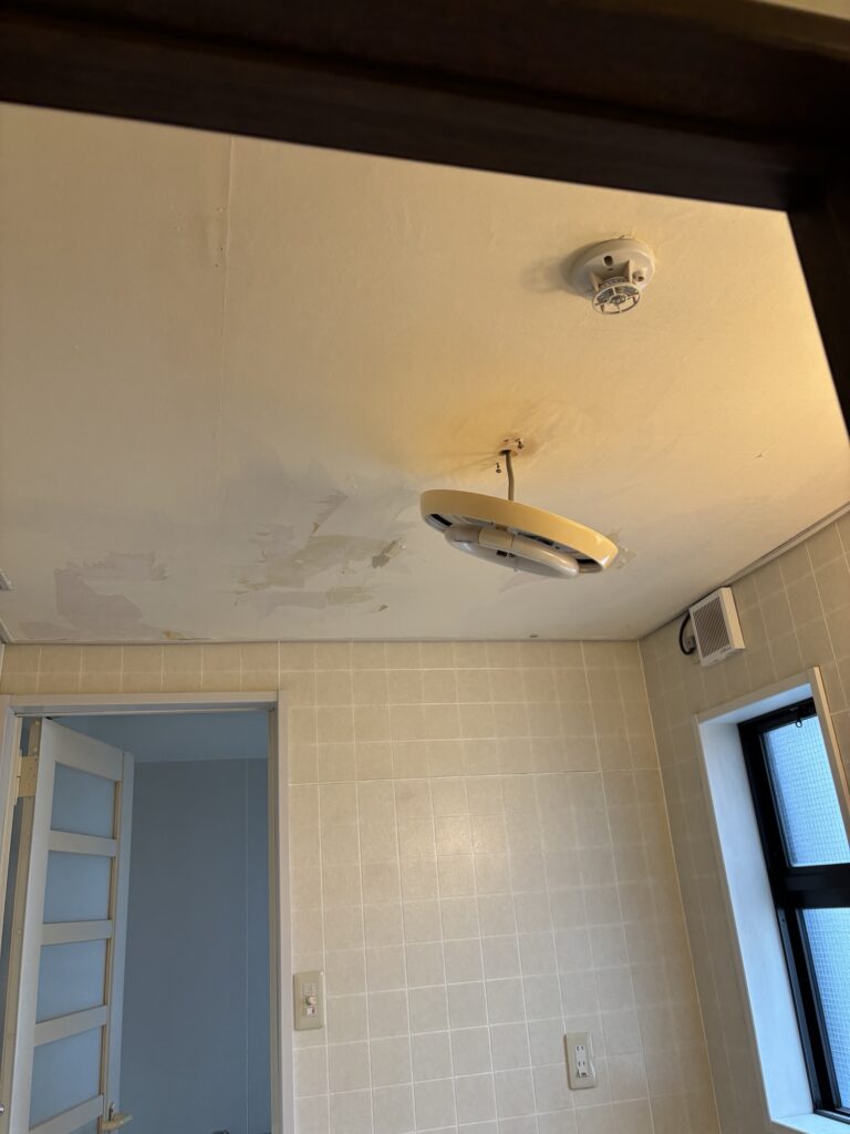 Moisture-damaged washroom ceiling substrate after wallpaper removal