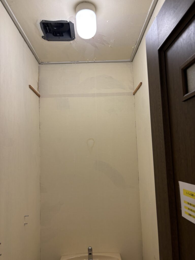 Toilet with old wallpaper removed before renovation