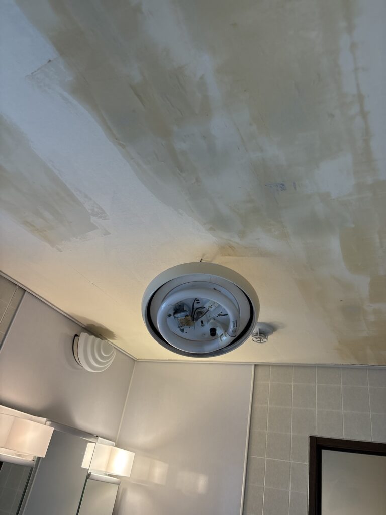 Washroom ceiling with finish putty completed before wallpaper installation