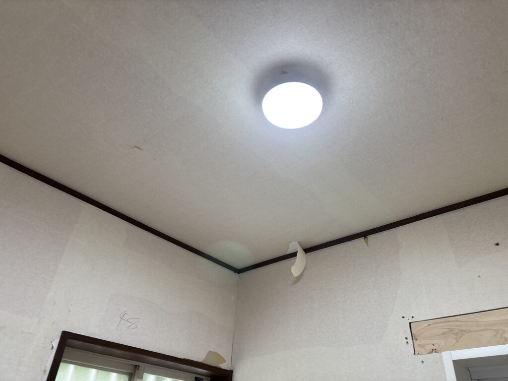 Washroom ceiling at the beginning of the renovation, before wallpaper installation.