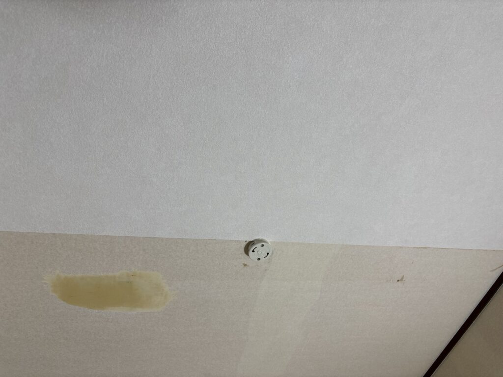 Wallpaper being installed on the washroom ceiling.