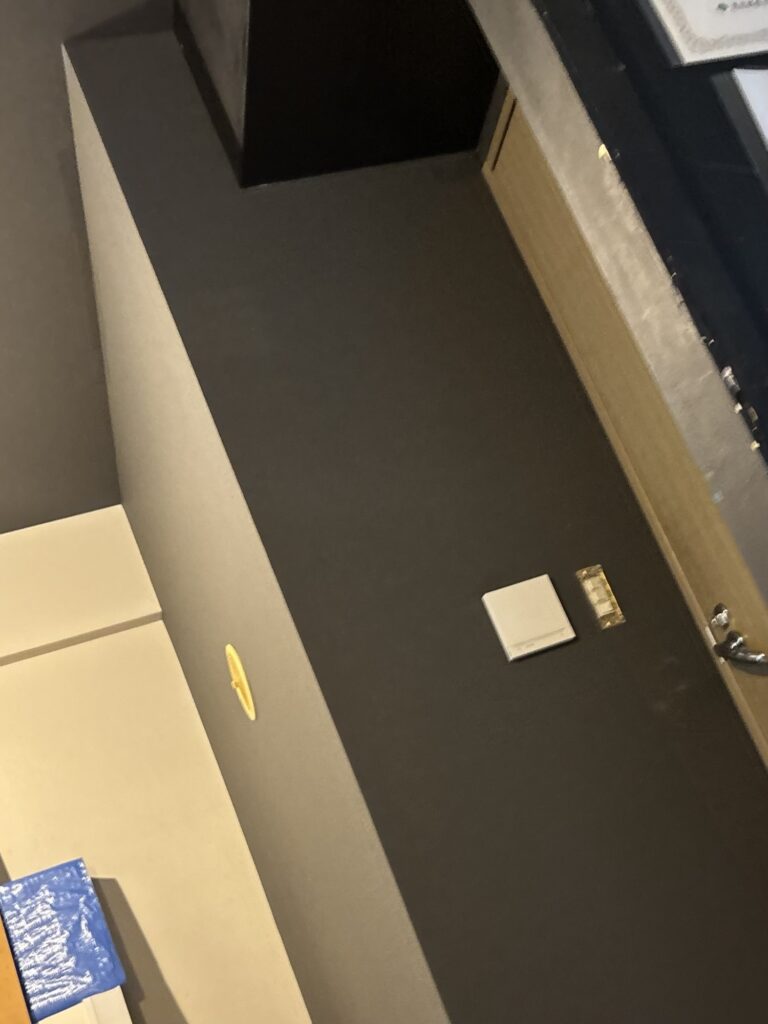 Newly installed black wallpaper covering a living room wall in an apartment.