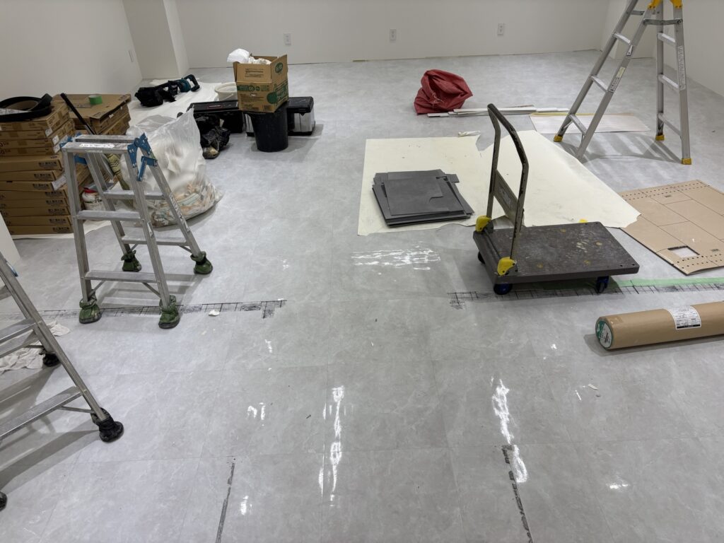 Commercial store floor before vinyl tile replacement on the sixth floor of a building in Tokyo, Japan.