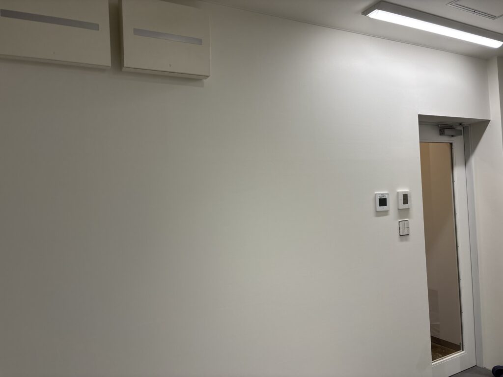 Completed wall wallpaper installation in a renovated commercial store in Tokyo, Japan.