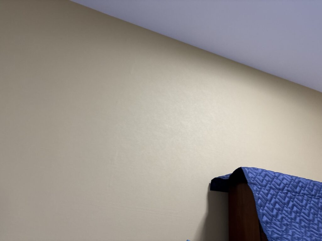 Completed accent wallpaper installation on a living room wall in a Japanese apartment.