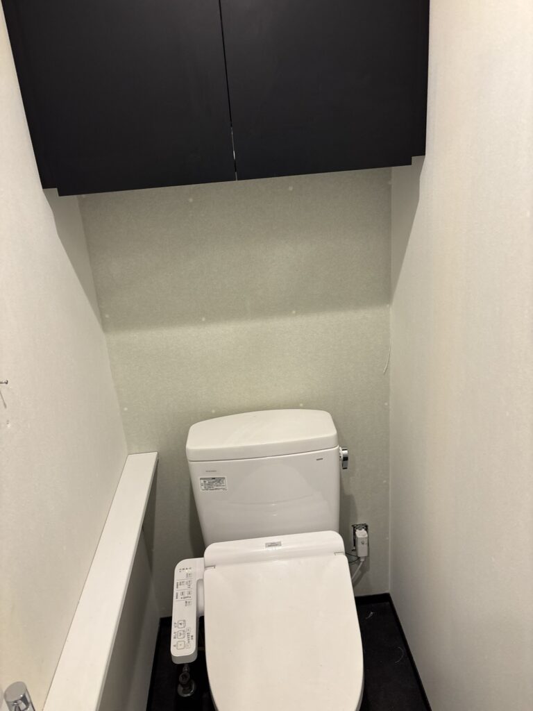 Toilet interior with newly installed light-colored wallpaper on the walls, except for the front wall reserved for black accent wallpaper.