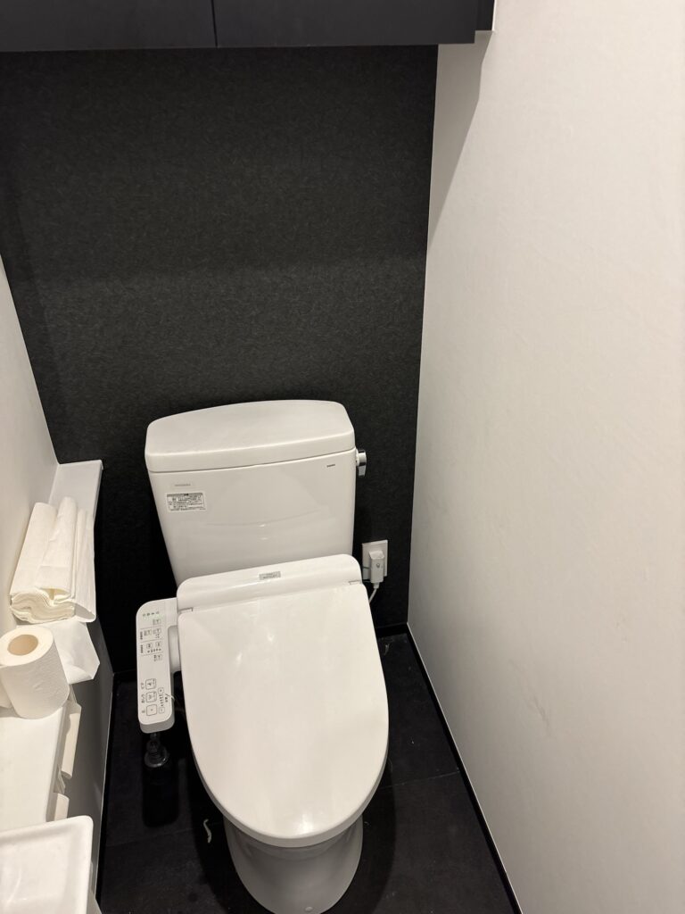 Completed black accent wallpaper installation on the front wall behind a toilet in a commercial interior renovation.