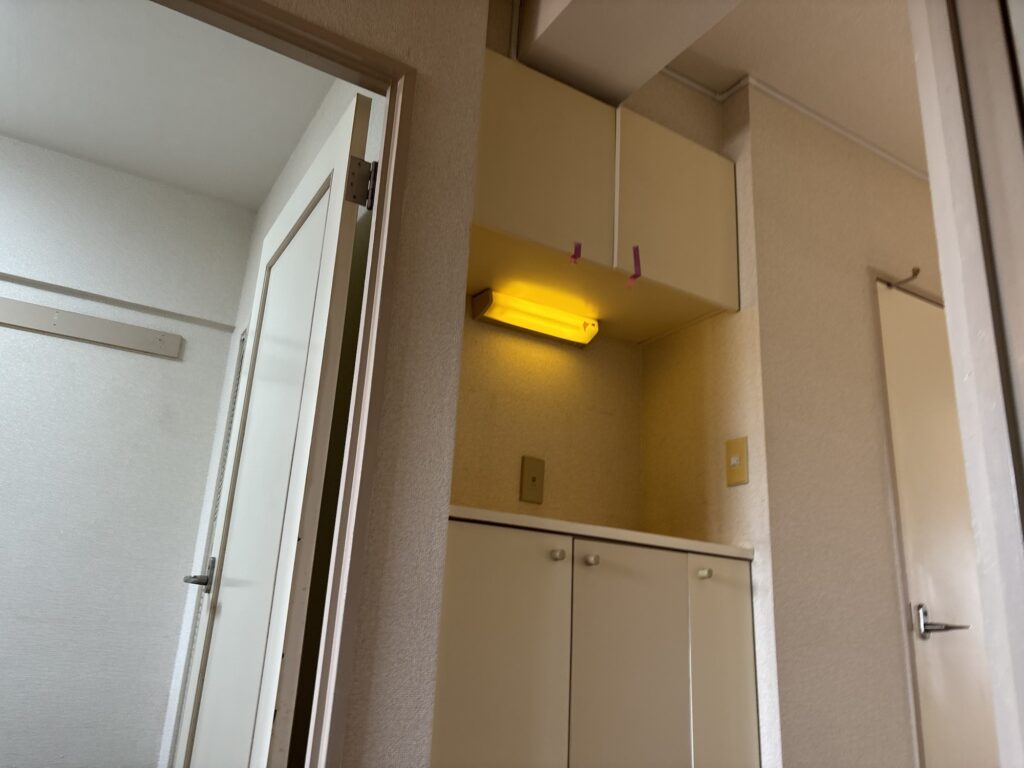 Existing built-in storage cabinet in a condominium scheduled for removal during interior renovation.